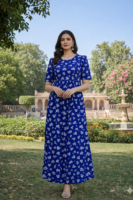 Graceful woman in royal blue dress - Feeding