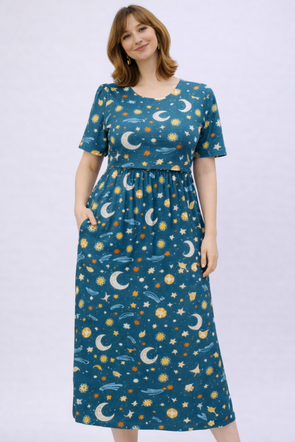 Celestial elegance in teal-blue dress