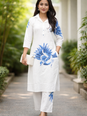 Azure Bird Print Kurti Set