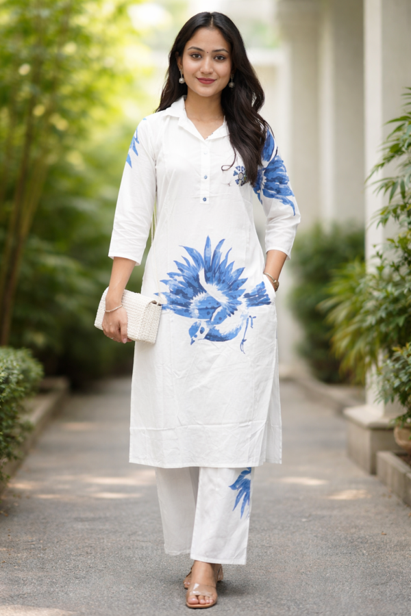Azure Bird Print Kurti Set