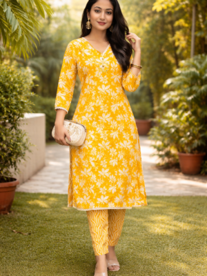 Sunshine Yellow Floral Cotton Kurta Set