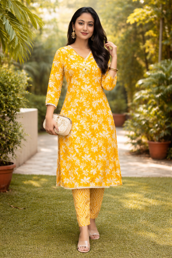 Sunshine Yellow Floral Cotton Kurta Set