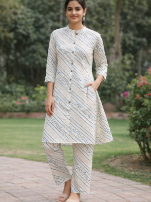 Ivory Wave Printed A-Line Kurti