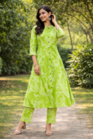 Lime Breeze Printed A-Line Kurti Set