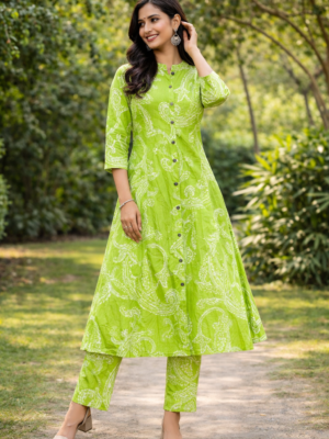 Lime Breeze Printed A-Line Kurti Set