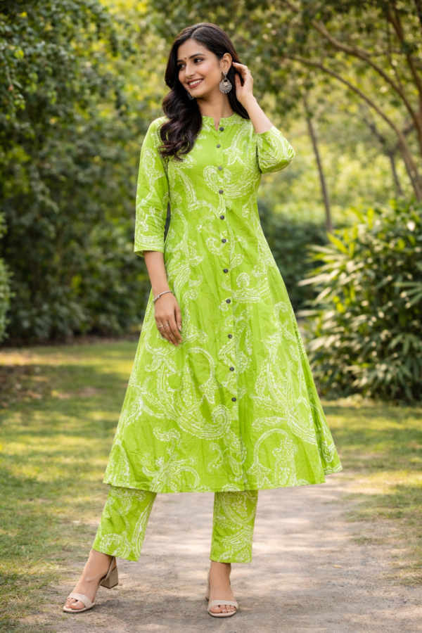 Lime Breeze Printed A-Line Kurti Set