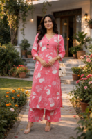 Blush Pink Floral Cotton Kurta Set with Palazzo