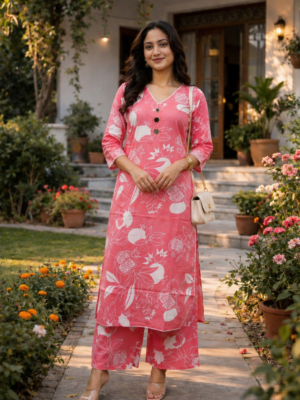 Blush Pink Floral Cotton Kurta Set with Palazzo