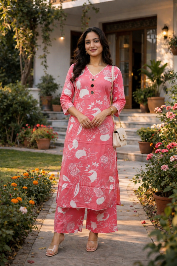 Blush Pink Floral Cotton Kurta Set with Palazzo