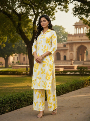 Mustard Floral Kurti Set