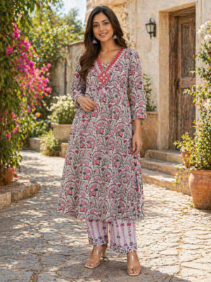 Blush Vine Cotton Kurta Set
