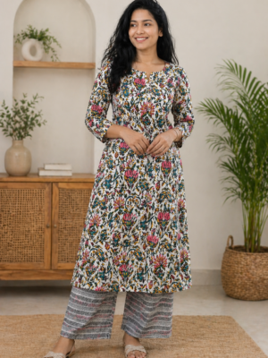 Floral Grace Cotton Kurti Set