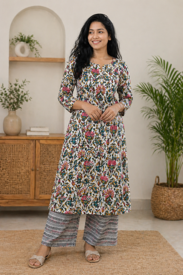 Floral Grace Cotton Kurti Set