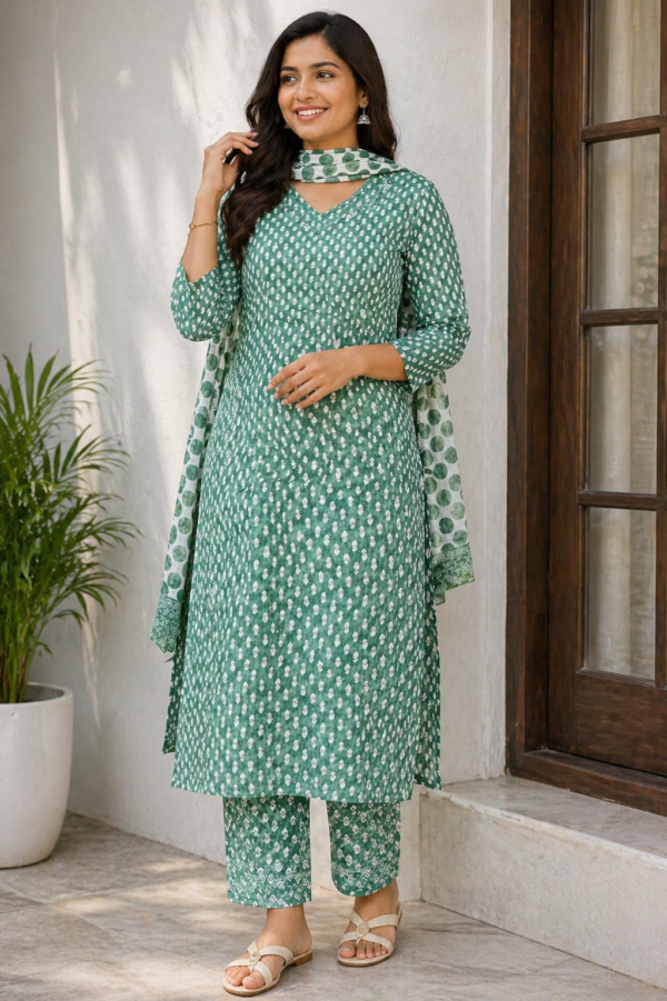 Emerald Breeze Cotton Kurti Set